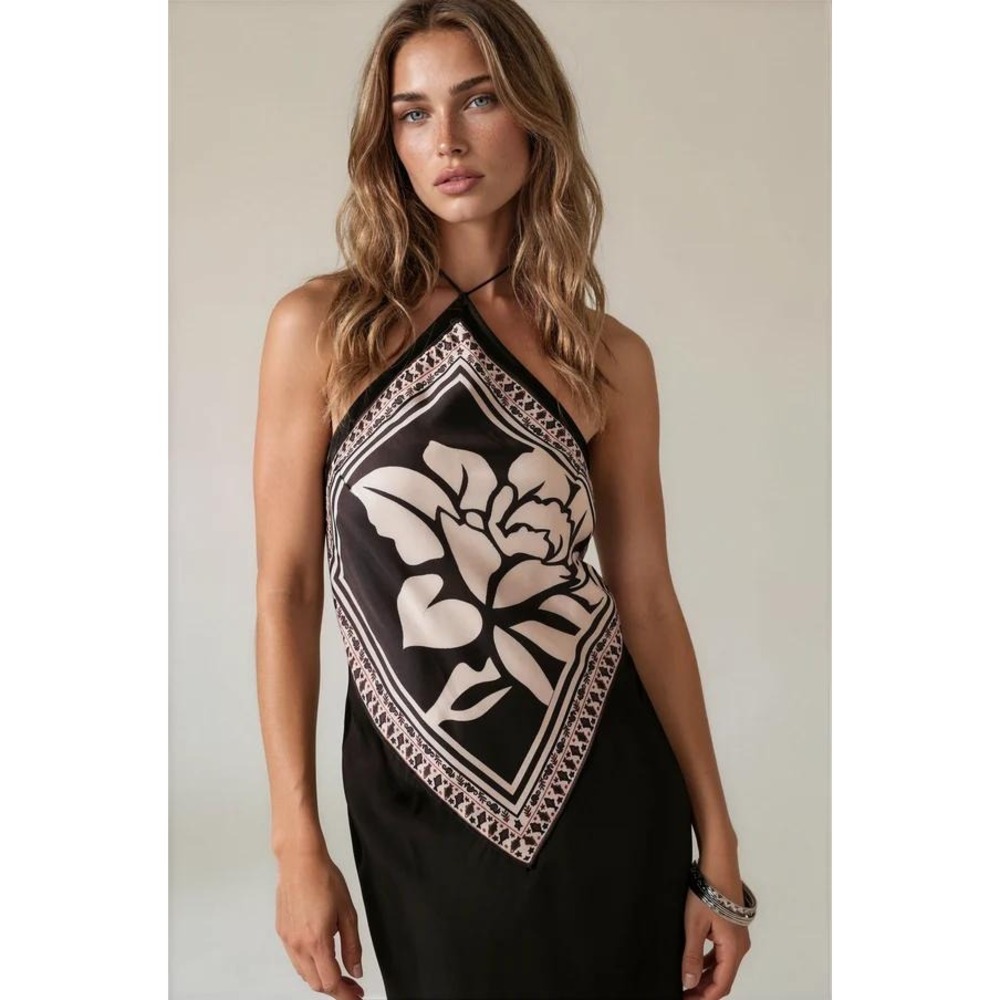 Free People Citrine Midi Dress Raven Black Floral Fish Scarf Print Halter NWT XL